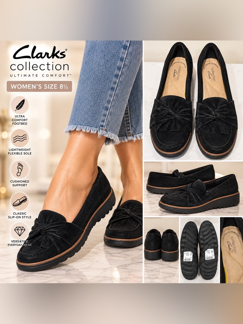 Clarks Black Suede Knot Detail Slip-On Loafers size 8 1/2